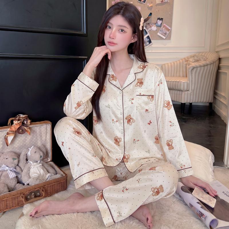 Japanese and Korean style floral bear girl pajamas spring and autumn silky ice silk loungewear cartoon long-sleeved two-piece set