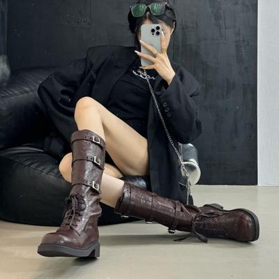 Новое место коричневые, но ботфорты женские 2025 новые ретро кожаные ковбойские сапоги в западном стиле американский панк