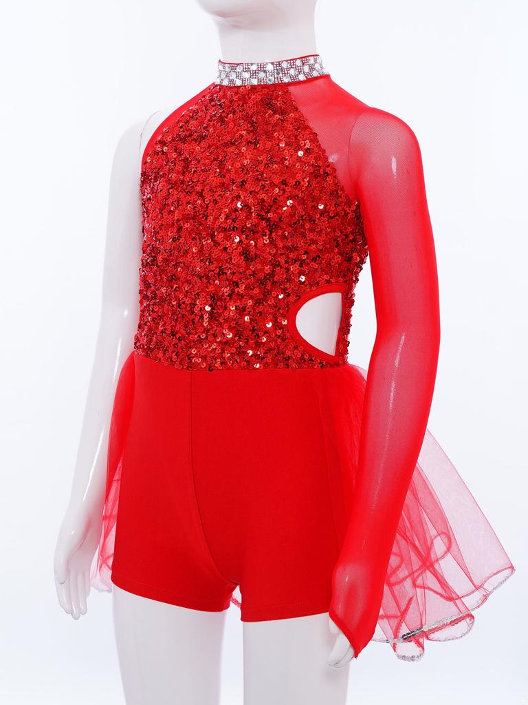 Костюм для танцевального выступления девочки Блестящий лиф с пайетками Трико с юбкой из тюля Вырез на талии Асимметричный комбинезон