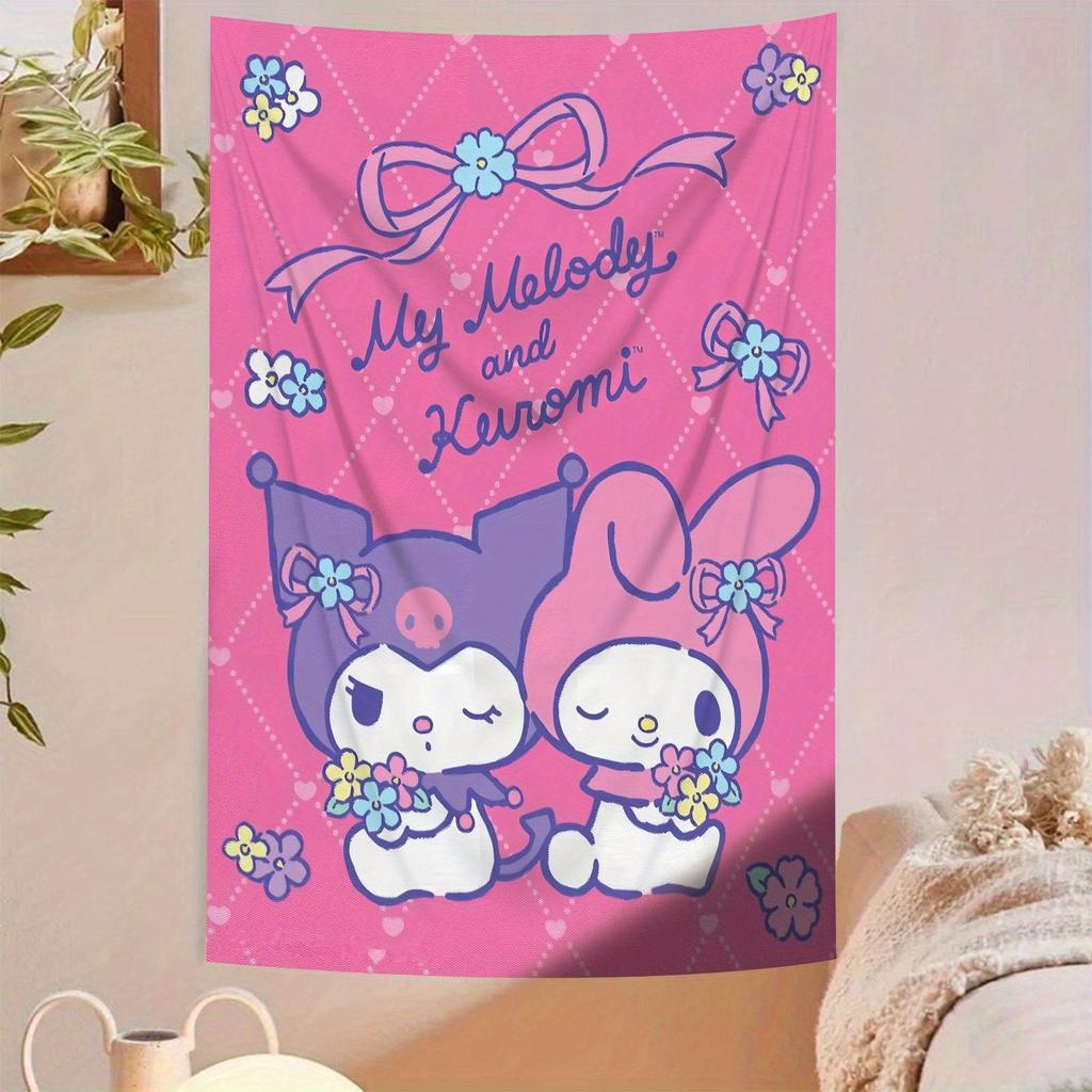 Гобелен с принтом My Melody и Black Beauty, синий и фиолетовый, мультяшные персонажи, цветочные украшения, идеально подходит для гостиных или
