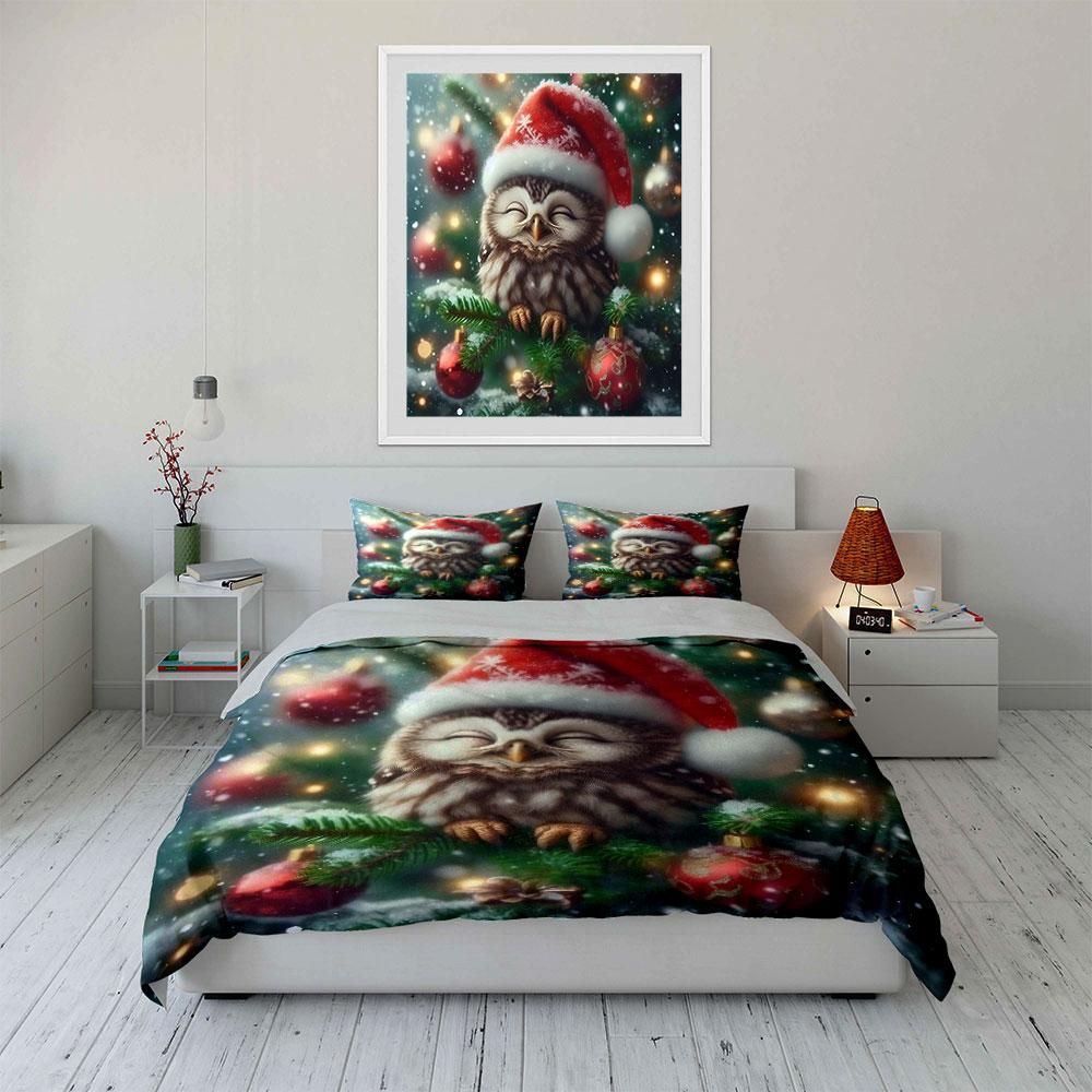 Christmas Owl with Santa Hat Bedding Duvet Cover Set (1*Duvet Cover 2*Pillowcases, without duvet insert)