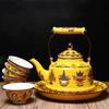 Enameled Teakettle with Ceramic Handle,Tibet Good Luck yellowTea Kettle for Stovetop/induction Cooke Hot Water No Whistling 2.4L