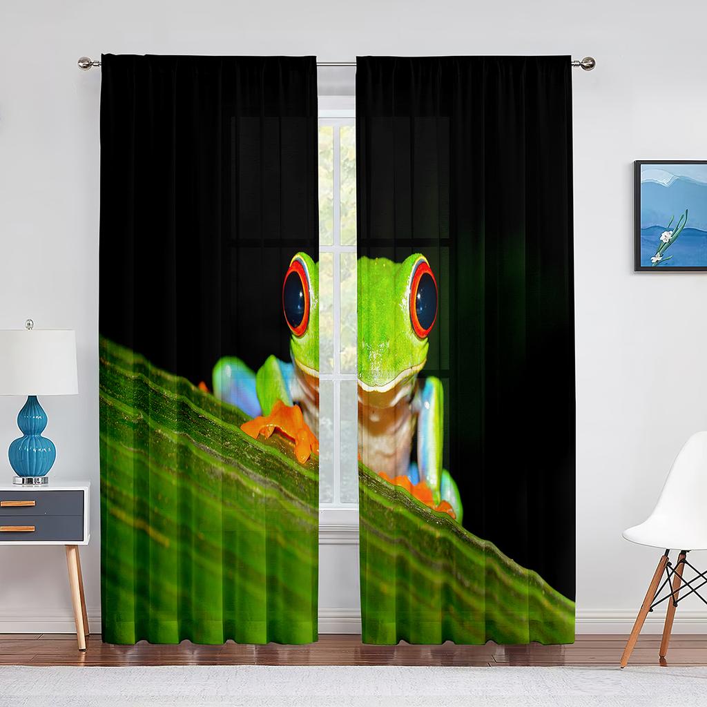 Тюлевая занавеска с зеленым животным, красными глазами, древесной лягушкой на листе, для гостиной, спальни, кухни, декор, вуаль, прозрачная занавеска, оконные шторы