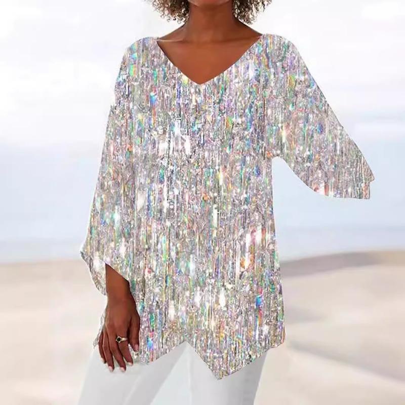 Весна Лето V-образный вырез Принт Мода Женская Блузка Новая Повседневная Свободная Необычная Топ Футболка Большого Размера Простая Элегантная Офисная Рубашка Женская Одежда