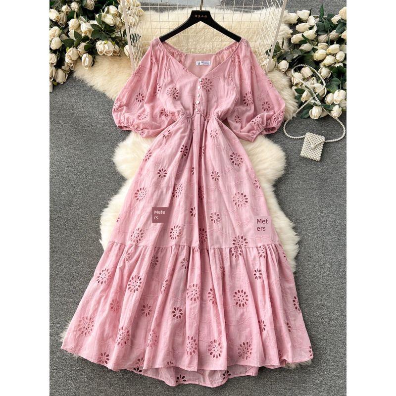 Retro Lantern Sleeve Heavy Industry Ruffles Dress Embroider