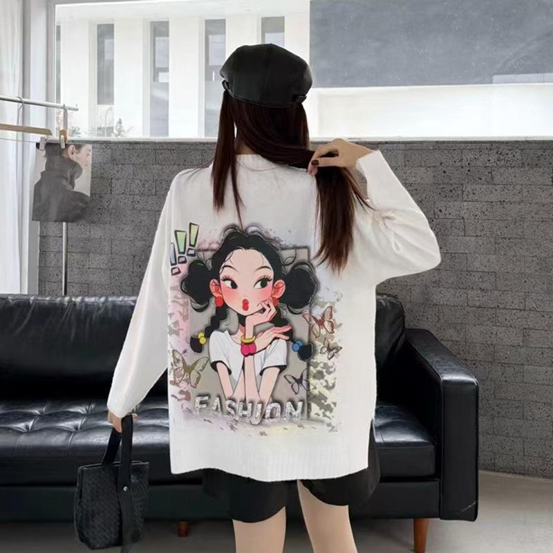 Autumn Women’s Oversized Sweater, Front & Back Print, Korean Style, Versatile Long Sleeve Knit Top