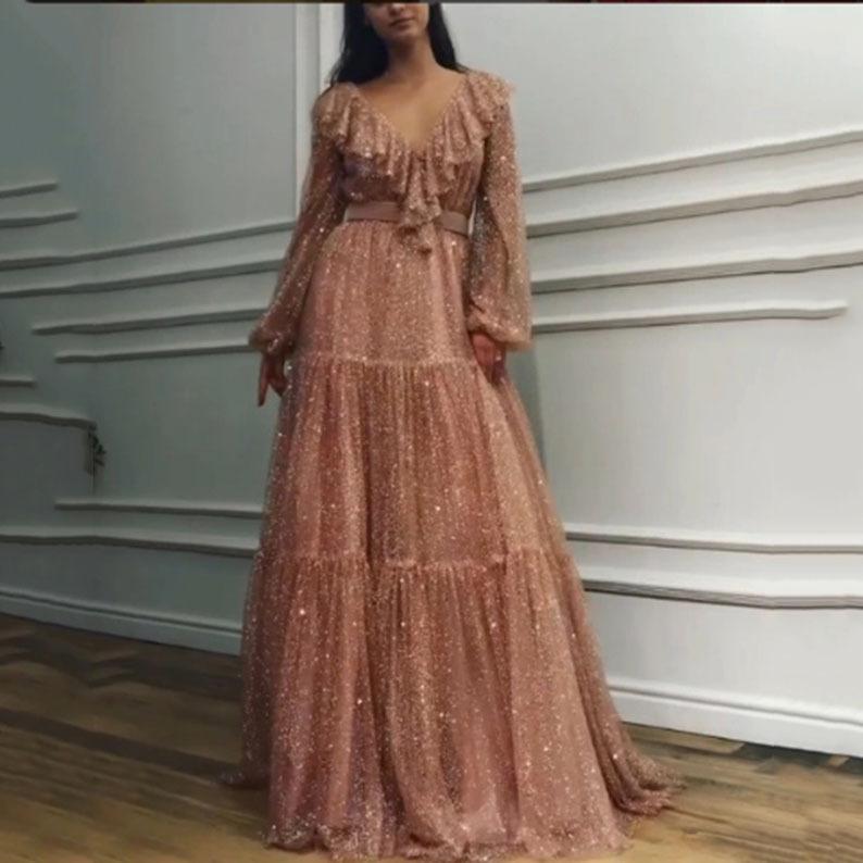 Весна и лето новый европейский и американский женский плащ сексуальный с длинным рукавом V-образным вырезом золотой маятник вечернее платье, длинное платье