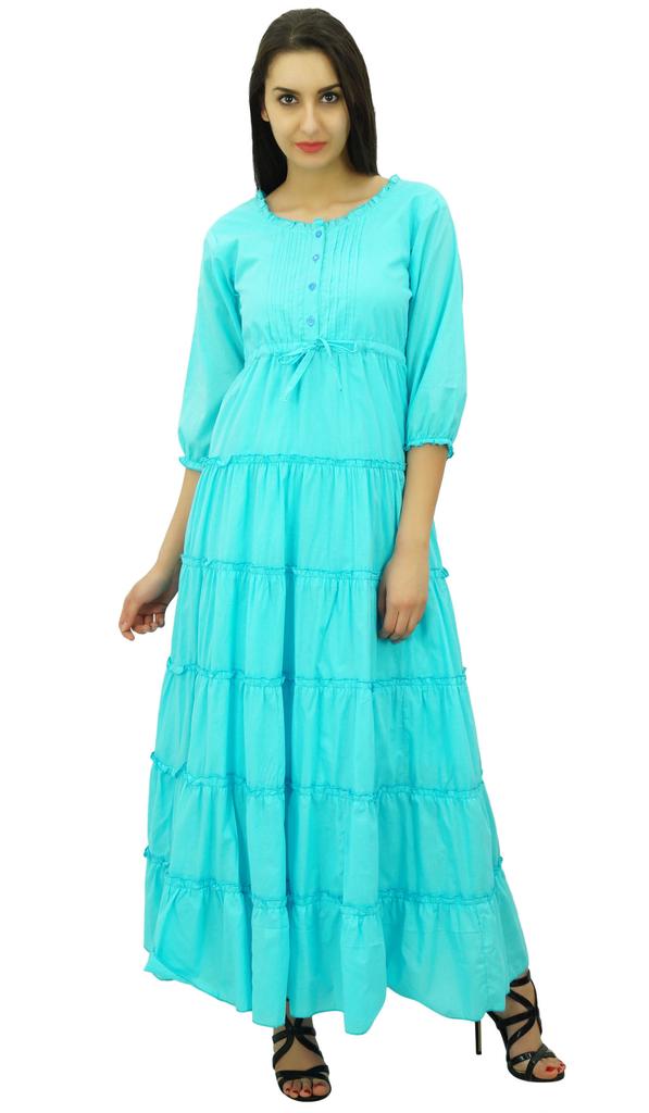 Bimba Женское летнее хлопковое платье макси с рукавом 3/4 и кулиской на талии