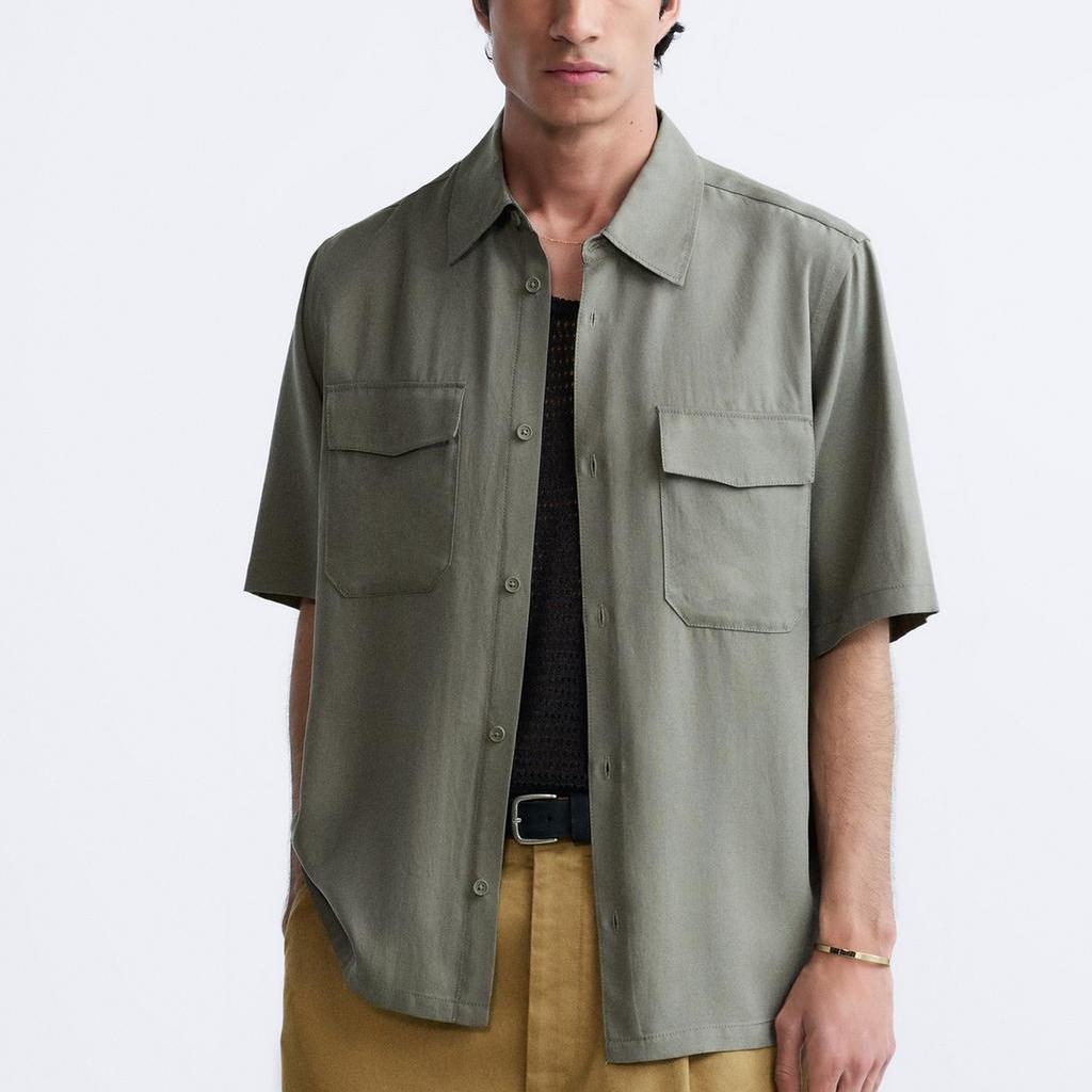 Zara Однотонная повседневная свободная рубашка с коротким рукавом Мужские рубашки цвета хаки 4432491-505