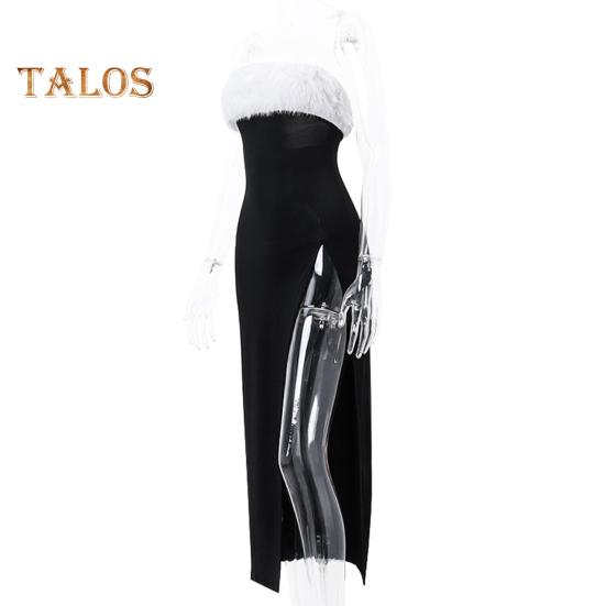 Женское вечернее платье с открытыми плечами, без рукавов, без спинки, без воротника, бандо, пушистый искусственный мех, декор, разрез сбоку, коктейльное вечернее платье-макси, выпускной, топ-платье