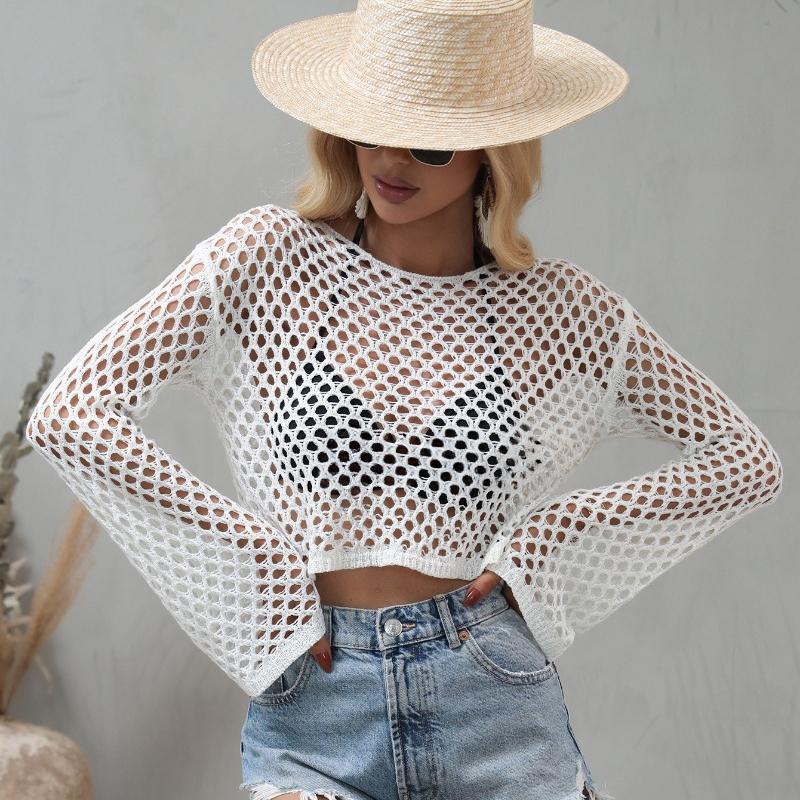 Летняя свободная трикотажная блузка с открытыми плечами, женские повседневные рубашки с расклешенными рукавами и круглым вырезом для женщин, модные элегантные однотонные укороченные топы 24123