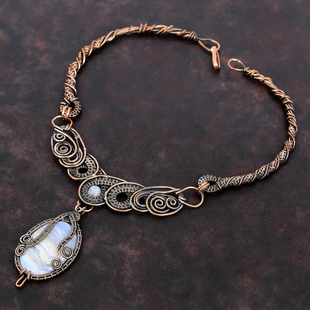 Blue Lace Agate Necklace Copper Wire Wrapped Necklace Rainbow Moonstone Gemstone Necklace Amazing Copper Jewelry For Gift Handmade Necklace