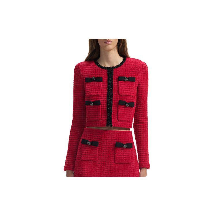 Self-Portrait Single-Breasted Round Neck Solid Color Long Sleeve Jacket Cropped Top Women jackets Burgundy SWF351M01400
