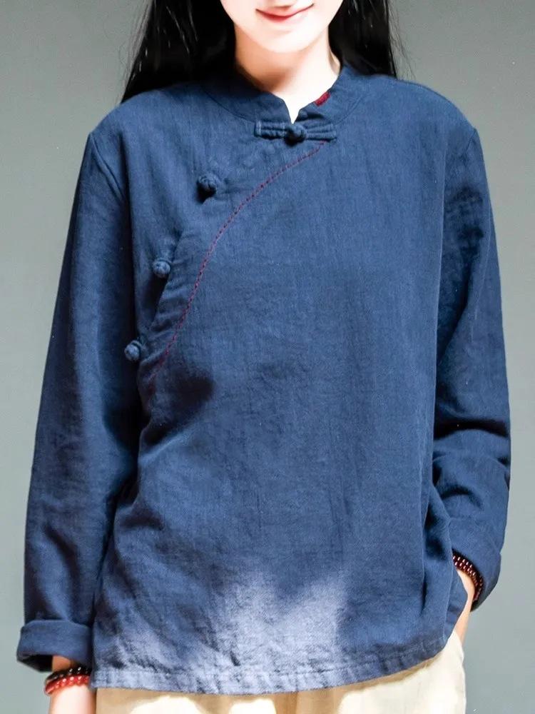 Женский топ из хлопка и льна с воротником-стойкой и длинными рукавами, новая модель весна-осень, пуловер с пряжкой, футболка с длинными рукавами