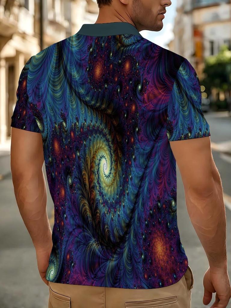 Men's Dark-Bottom Blue-Purple-Golden Cosmic Fractal Swirl Nebula Starry Sky Print Polo Shirt, Smooth Music Festival Street Vacation Top