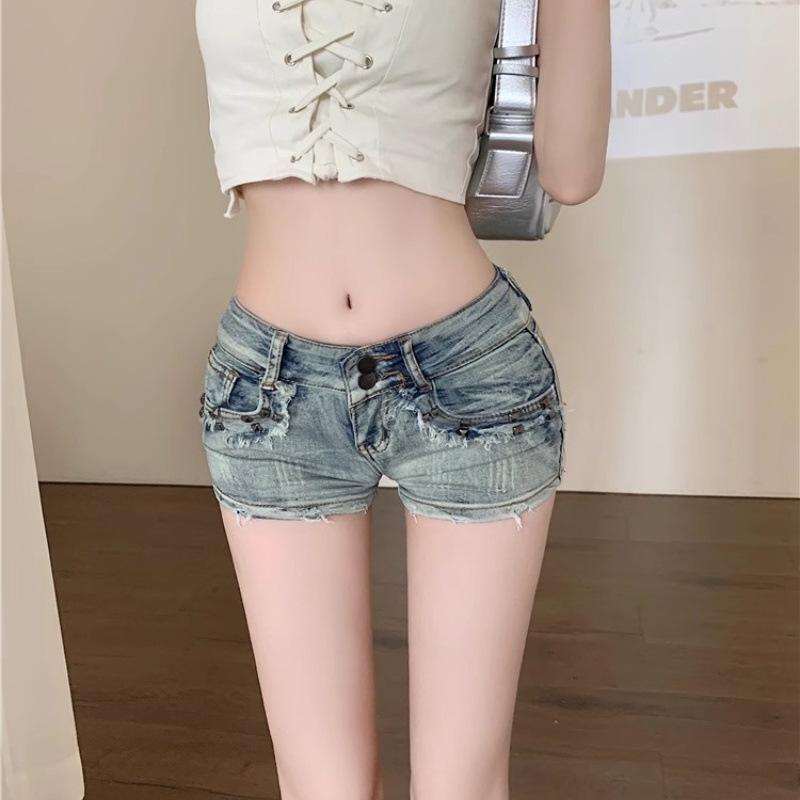 Женские джинсовые шорты с низкой посадкой, стрейч, с американским ретро-дизайном с заклепками - Сексуальные, облегающие, суперкороткие, обтягивающие ягодицы хот-пэнтс.