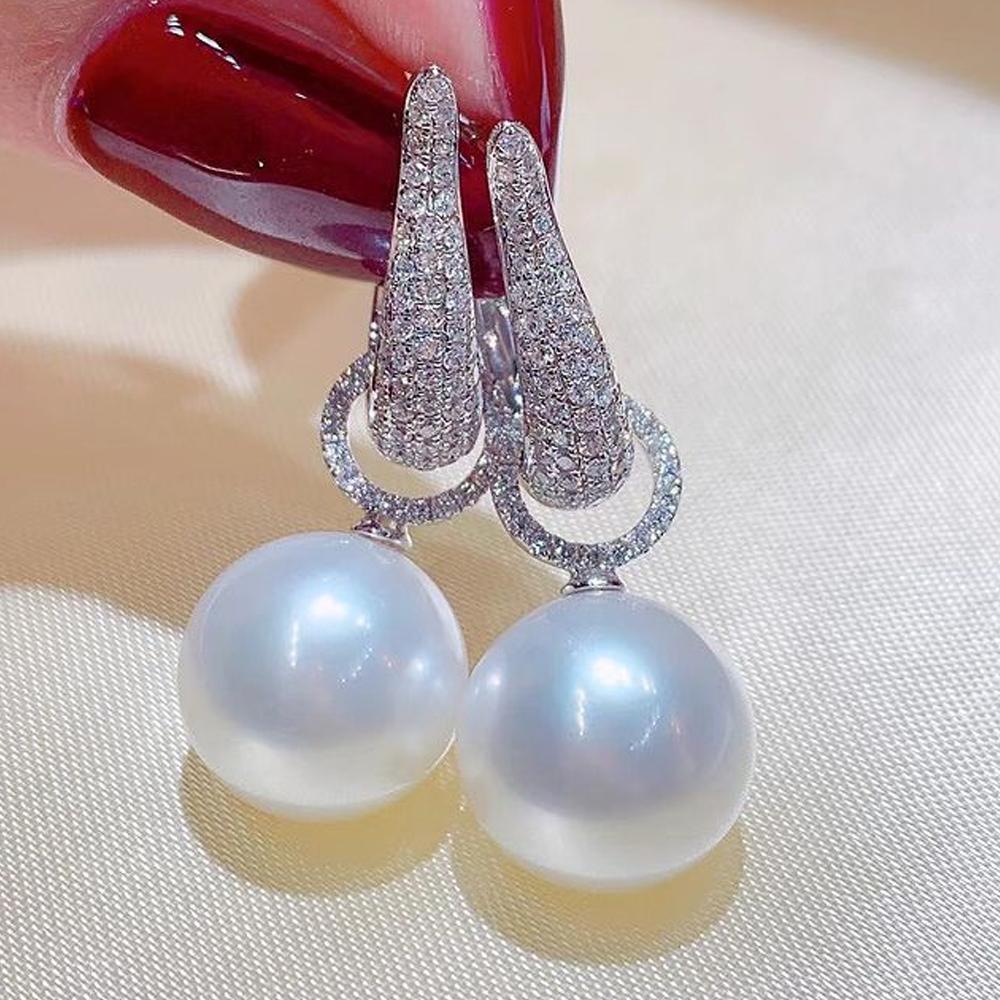 Huitan New Trend Imitation Pearl Dangle Earring for Women Luxury Silver Bling Cubic Zirconia Fashion Elegant Lady Jewelry