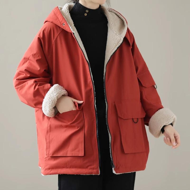 Women Wool Fleece Hooded Cotton-padded Jacket Coat Autumn Winter Women Clothes Patchwork Oversize Warm Fake Two Pieces Sweatshirt
