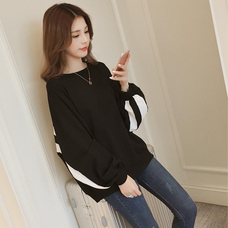 Осенняя новая корейская полосатая контрастная тонкая толстовка с рукавами-фонариками для студенток, свободная куртка с длинными рукавами