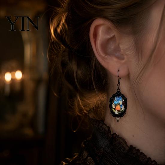 Handmade Crystal Glue Earrings Gothic Ghost Earrings, Vintage Style Matte Black Alloy Dangle Decorative Commemorative Jewelry Halloween for