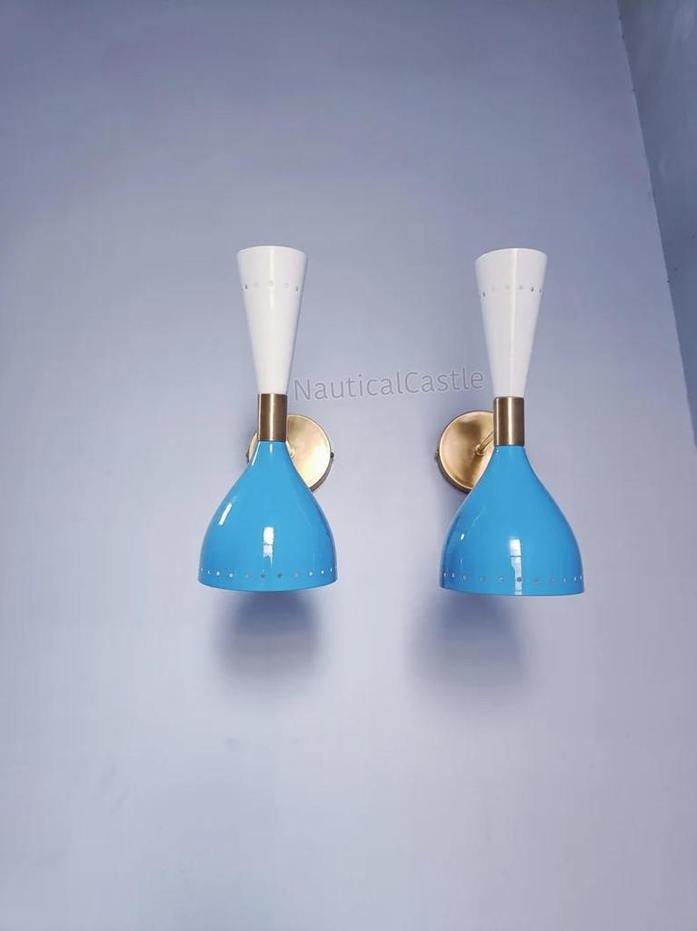 1950s Italian Diabolo Wall Sconce Pair: Mid Century Brass Plug-In Light Fixture