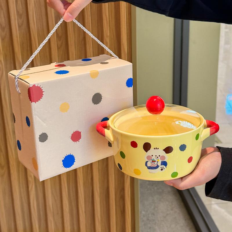 Кремовая ветровая посуда Милая керамическая миска для лапши быстрого приготовления с крышкой Двуухая суповая миска Миска для лапши быстрого приготовления для студенческого общежития