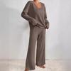 Autumn and Winter Women's Knitted Pit Stripe Milled Long Sleeve Suit V-Neck Loose Casual Pant Suit
