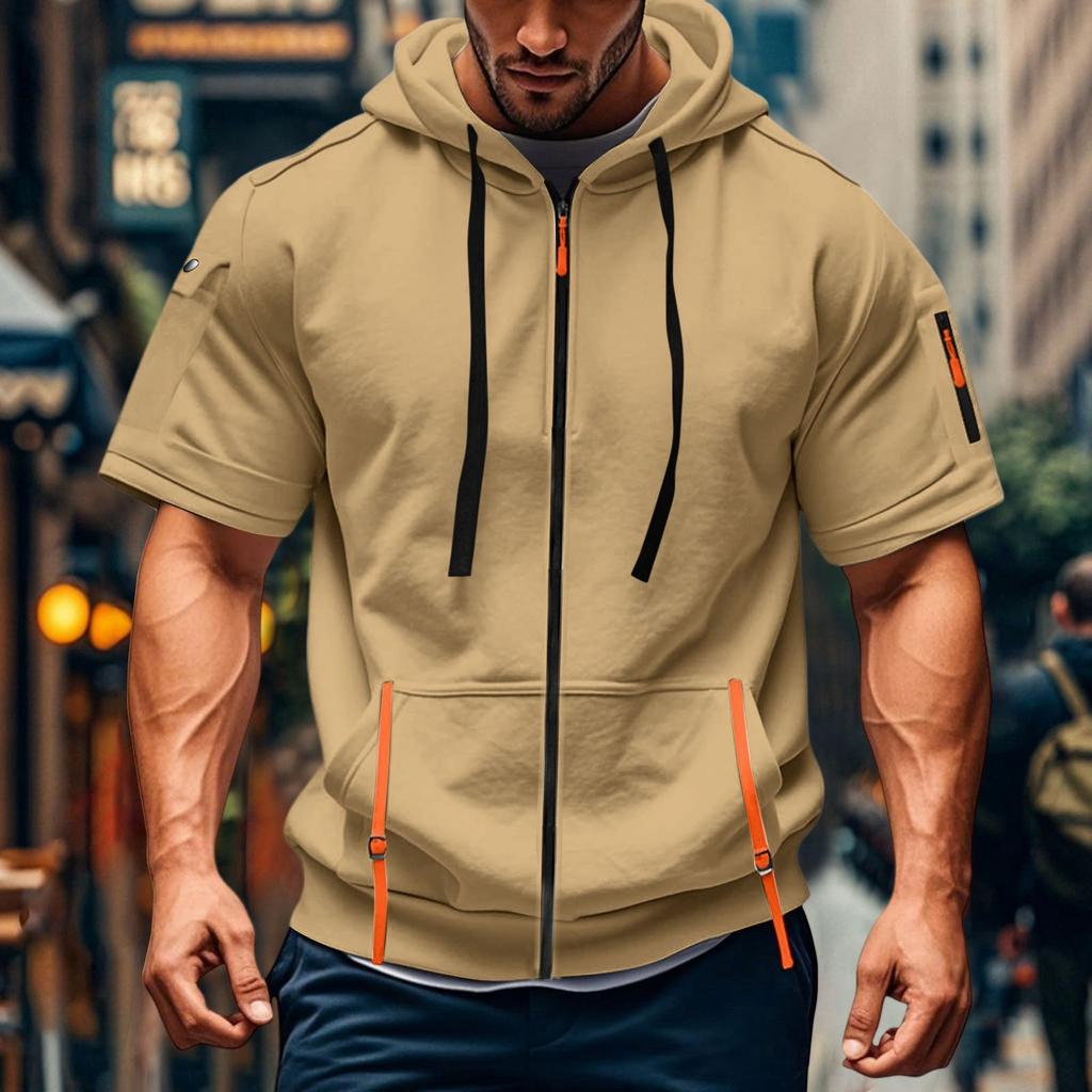 Men's Casual Short-sleeved Sweatshirt. Loose And Breathable Solid-color Sweatshirt Jacket With Multiple Pockets And A Zipper.