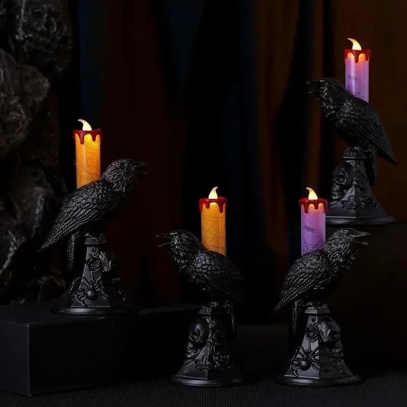 Black Crow Statue Glowing Candlestick LED Candles Lights Halloween Home Decorations Table Lamp Scary Ornaments