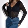 Women's V-Neck Solid Colour Fashion Mesh See Through Long Sleeve Top