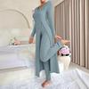 Women's Light Blue V-Neck Knit Set Long Sleeve Top and Pants with Cardigan
