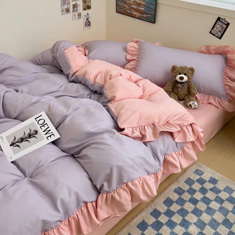 Ins Princess Bedding Set 2024 New Duvet Cover Fresh Blue Solid Color Floral Wrinkled Yann Bed Set Of Four Pieces Bed Sheets