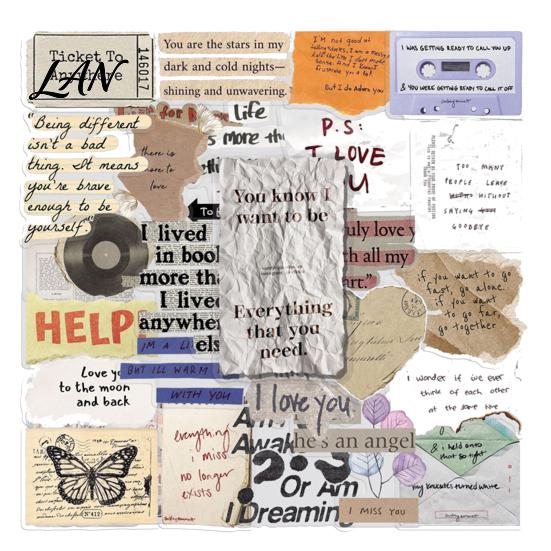 Waterproof Planner Decorative Labels 50 Pcs Vintage Torn Paper Word Fragment Stickers, English Text Decals, Old Fashioned Collage Supplies Retro