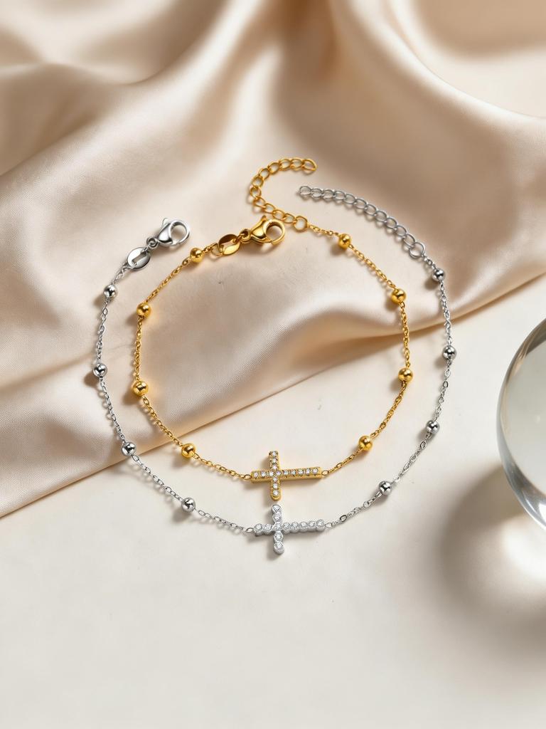 Dainty Cubic Zirconia Cross Bracelet Stainless Steel Thin Link Beads Chain 18K Gold Plated Bracelets for Women Luxury Jewelry