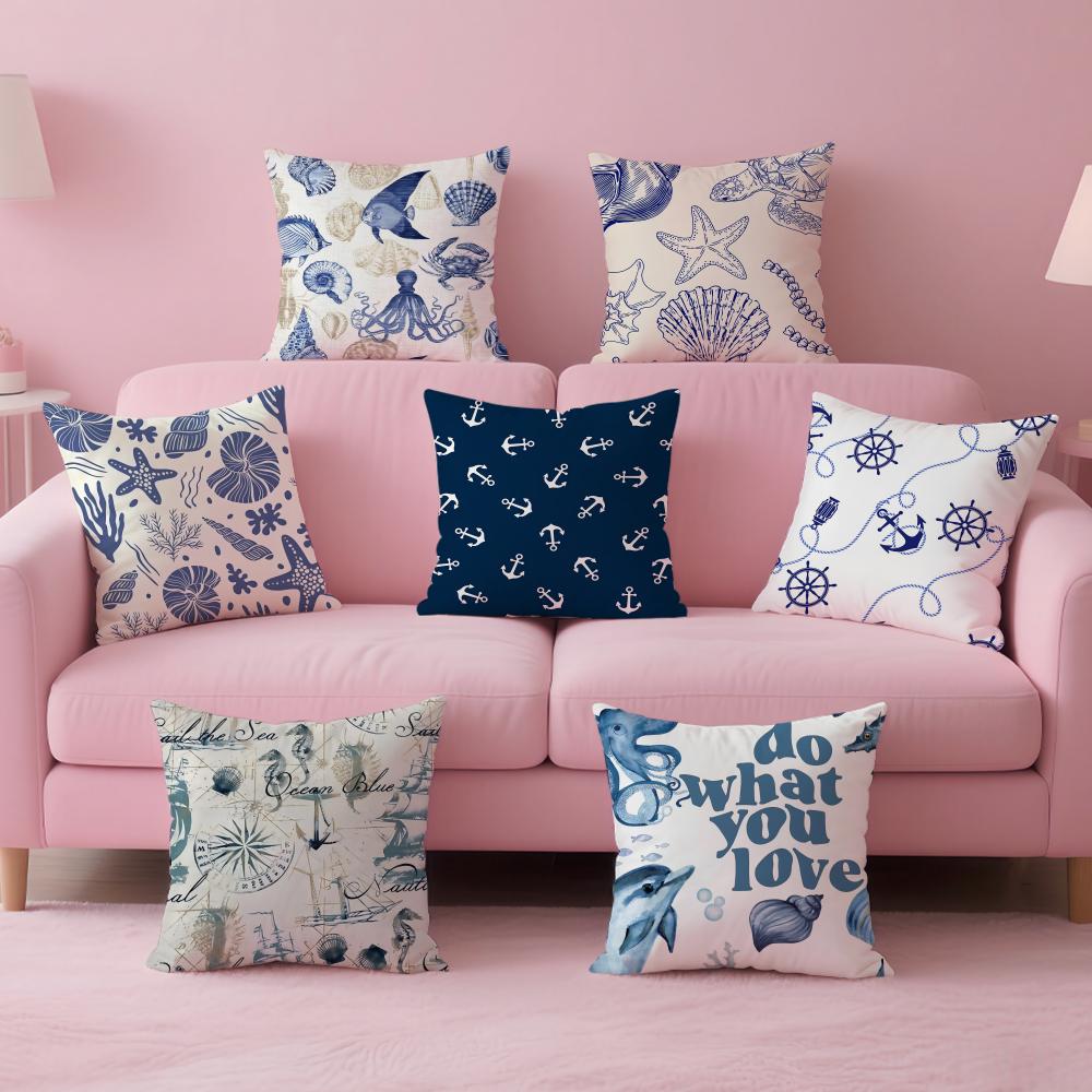 marine theme rudder anchor animals Cushion Cover Pillow Case Soft Friendly Fabric Concealed Zipper