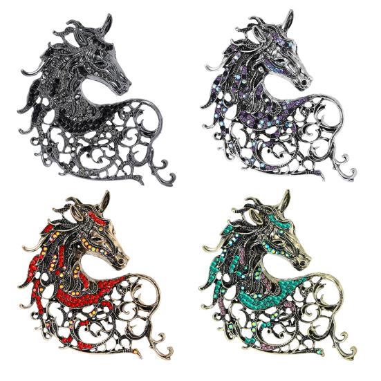 1/4Pcs Retro Style Brooch Sparkling Rhinestones Inlaid Horse Head Design Pin Clothes Hats Bags Badge Horse Year Zodiac Accessories