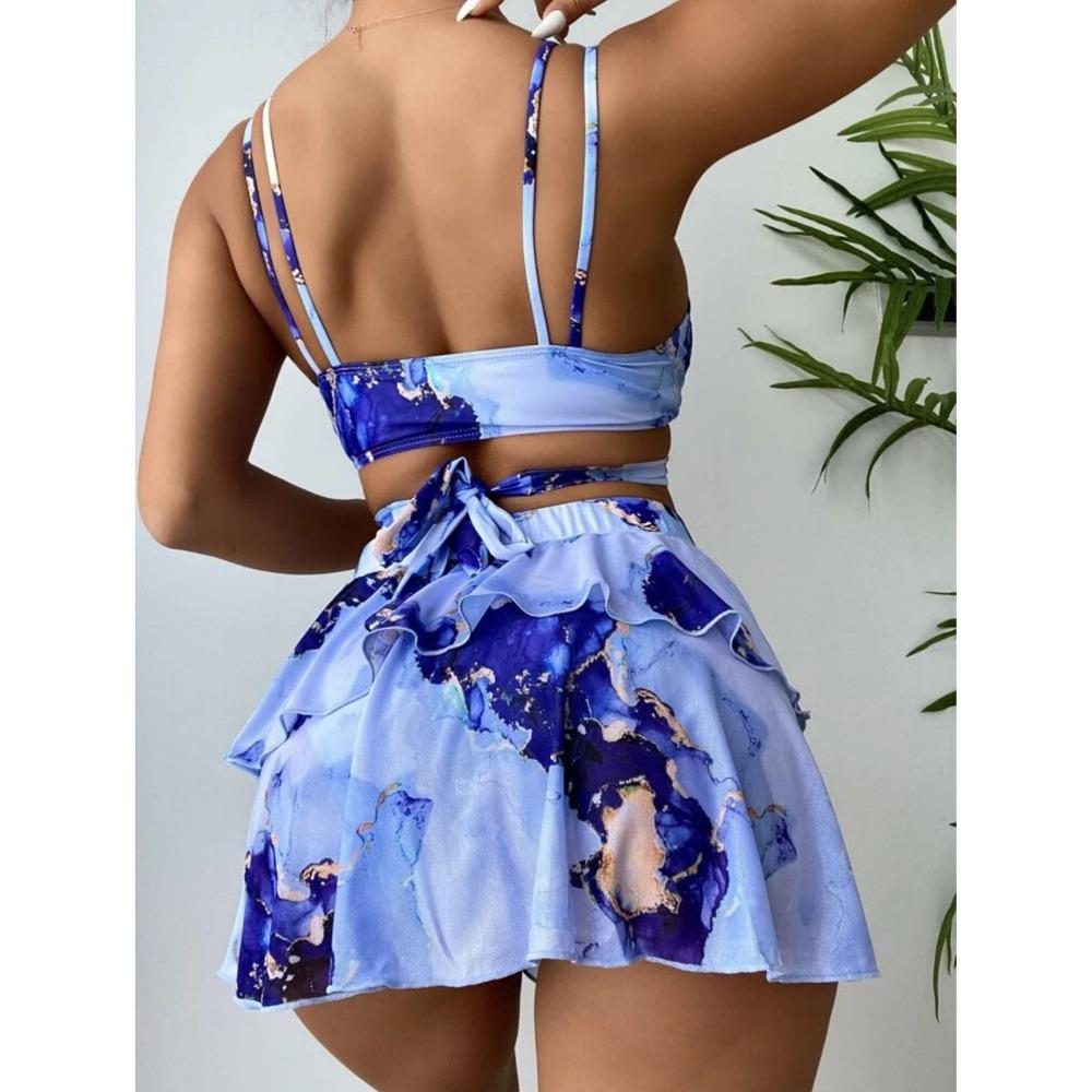 Three Pieces Marble Print Halter Micro Triangle Bikini Swimsuit Women Beach Skirt Swimwear Summer Beach Bathing Suit Bikini Set