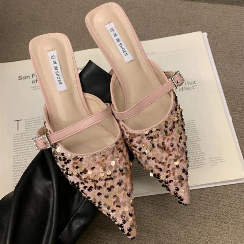 NEW Flat Shoes Female Summer Woman Pantofle Slippers Casual Slides Platform Beach Denim Luxury Soft Fashion Glitter High Heeled
