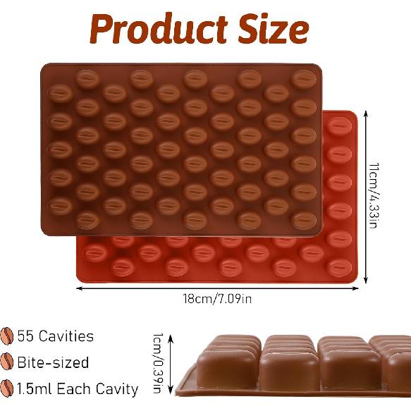 2 Pcs Coffee Bean Mold, Food Grade Coffee Bean Silicone Mold with Anti-Leak Rim, 55 Cavity Coffees Beans Molds Silicone for Chocolate, Candy, Resin