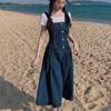 Vintage Fashion Denim Strap Dress for Women Summer A-line Square Collar Draw String Single Breasted Blue Dresses