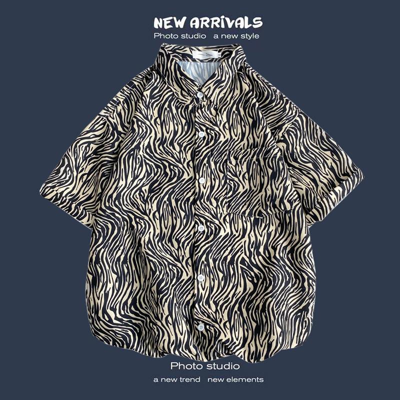 Retro Floral Shirt Blouse for Man Hawaiian Short-sleeved Floral Shirt Men's Loose Trend Couple All-match Five-point Sleeves