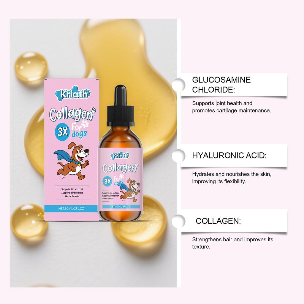 Капли коллагена для собак Kriath, Мягкая формула, Уход за суставами, шерстью и кожей для собак, Пищевая добавка 60 мл