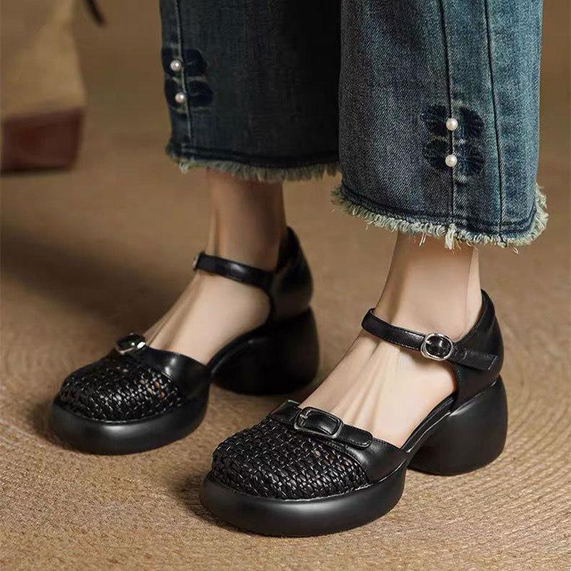 Французские ретро сандалии с полым носком, женские, лето 2025, новые, на толстом каблуке, на толстой подошве, с ремешком на подъеме, римские сандалии