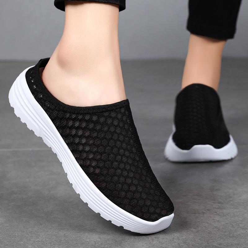 Women's Shoes Summer Cross-border Large Size Half Drag Mesh Breathable Sandals Soft Sole Not Tired Feet Casual Shoes Shallow Mouth Simple Single Shoes