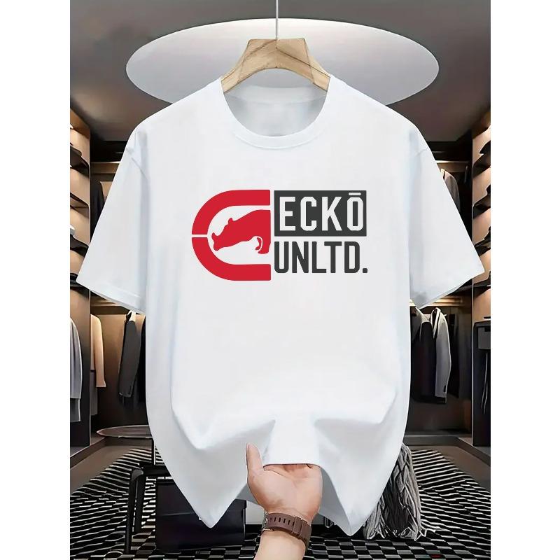 Европейские размеры Мужская новая футболка с логотипом Красного Геккона, Черный фон с Белым Текстом Жирными Буквами и Модными Элементами Дизайна