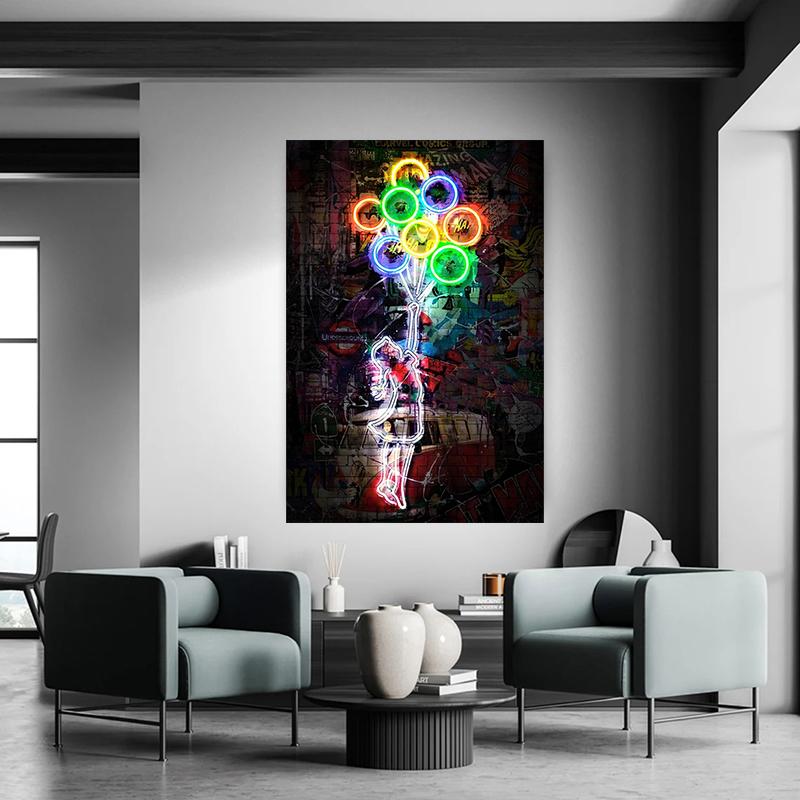 Воздушный шар Девушка Неоновое Искусство Граффити Холст Картина Уличный Стиль Поп-Арт Плакаты и принты Настенная Картина Куадрос для Домашнего Декора Комнаты