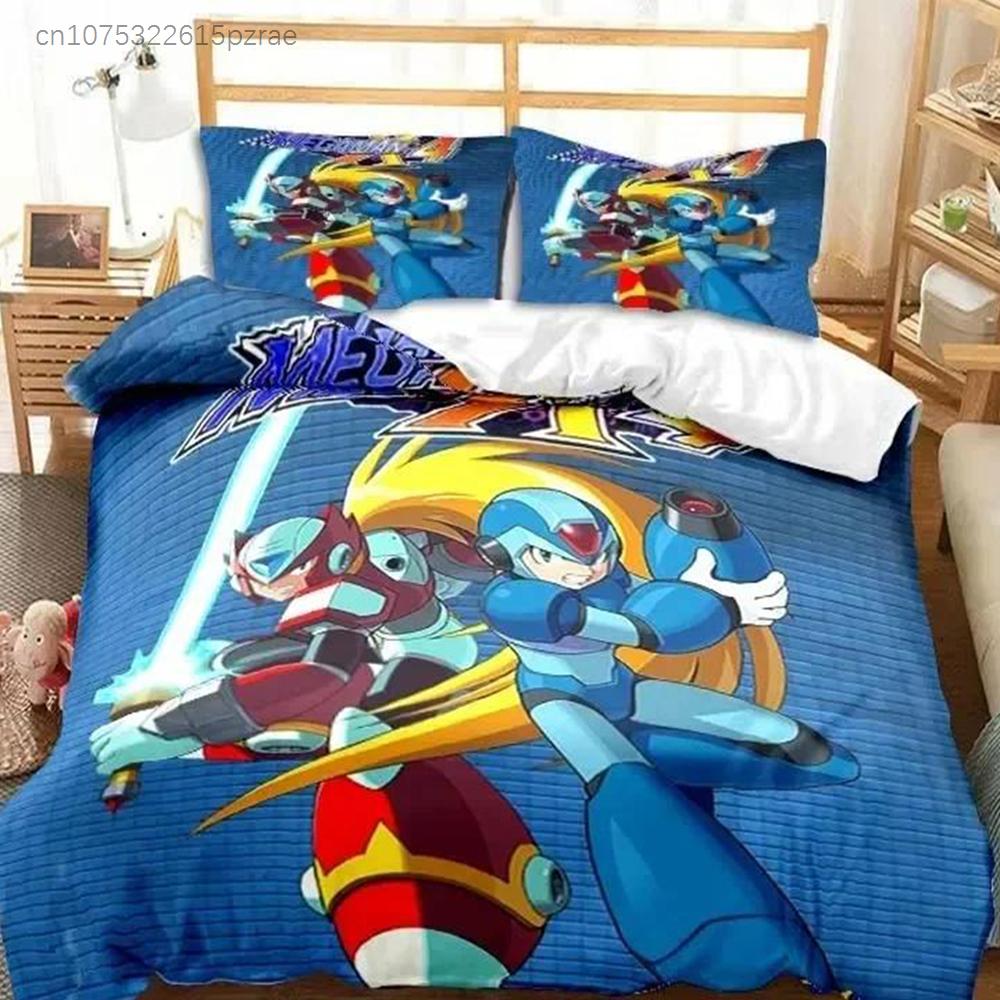 Игровой мультяшный комплект постельного белья Rockman Megaman с наволочкой, пододеяльником, мягкий, размер Queen/King, домашний, подарок для мальчиков
