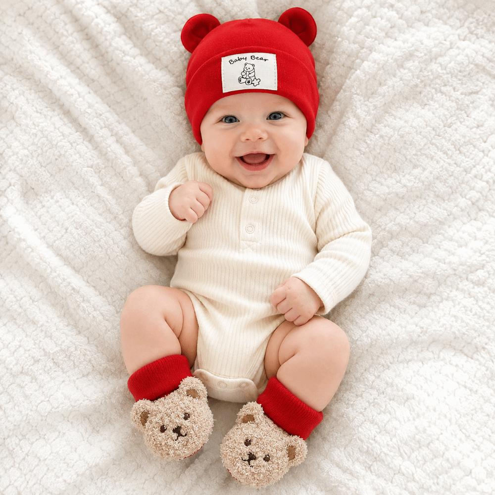 2Pcs/Set Warm Bear Ear Beanie Cotton Infant Cap Socks Cute Baby Turban Socks Autumn Winter