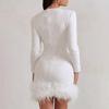 Women's Sequin Feather Trim Mini Dress Long Sleeve Sexy Shiny Bodycon Dress Sparkly Cocktail Gown for Birthday Party Club Night