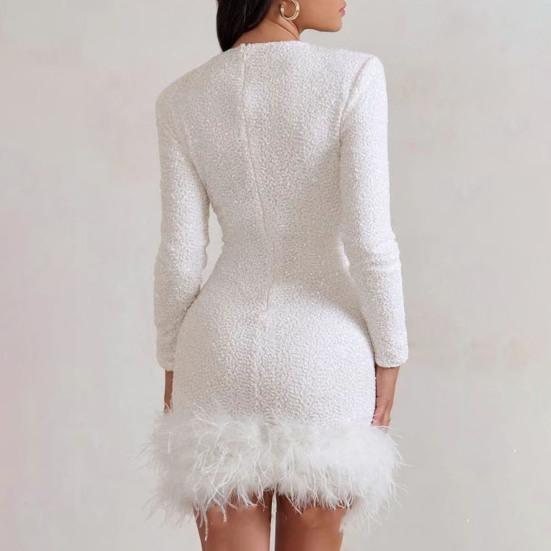 Women's Sequin Feather Trim Mini Dress Long Sleeve Sexy Shiny Bodycon Dress Sparkly Cocktail Gown for Birthday Party Club Night